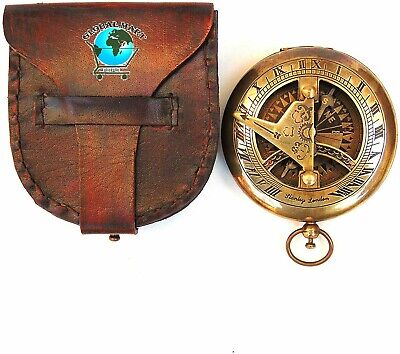 Antique Nautical Push Button Sundial Compass | Brass Compass with Leather Carry
