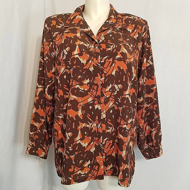 Donnkenny Button Up Blouse Shirt Top Women's 1XL Abstract Fall Autumn Orange Brn