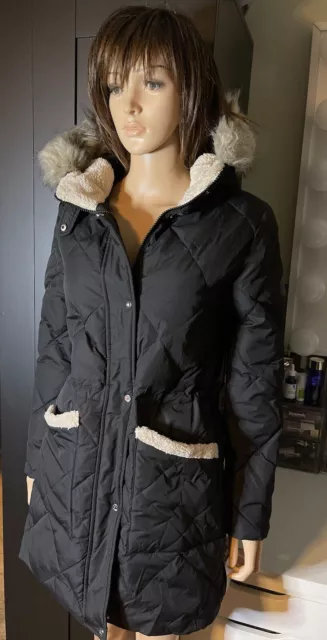 NWT Ralph Lauren Women's Faux Fur Trim Quilted Down Coat Hood Black Size S