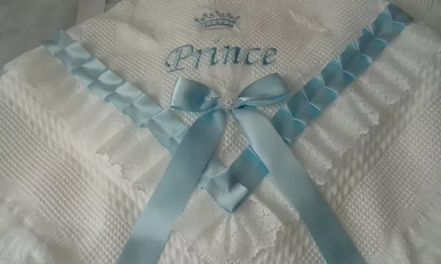 beautiful white/blue baby boys shawl **NEW**  PRINCE  can be personalised