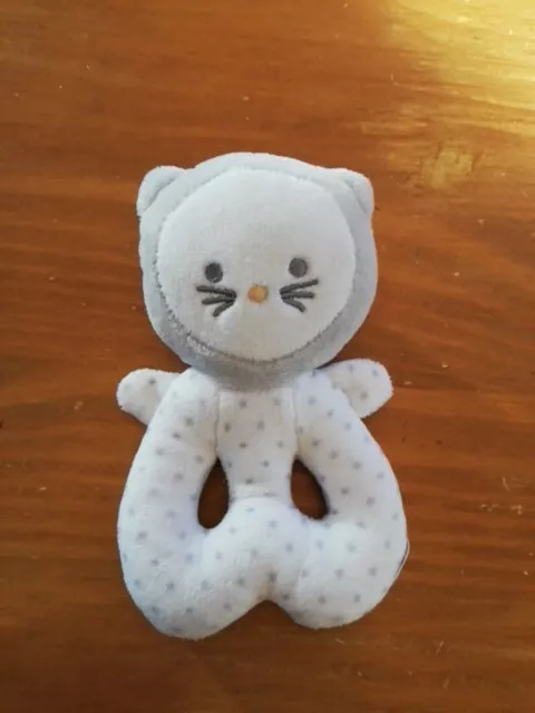 Doudou Peluche Hochet Obaibi Okaidi OB Chat Blanc Gris Pois Grelot