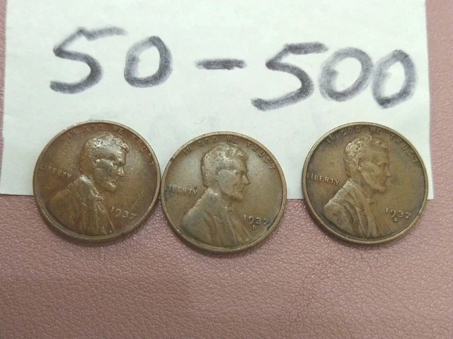 1937 P 1937 D 1937 S Lincoln Wheat Cents Penny 3 Coins  P D S  Set Lot 50-500