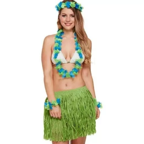 Green Hawaiian Ladies Complete Costume Fancy Dress Grass Skirt Lei Bands