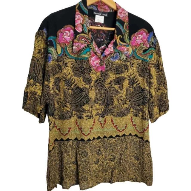 Vintage 80s Carole Little Brown Black Paisley Floral Boho Button Blouse Size 14