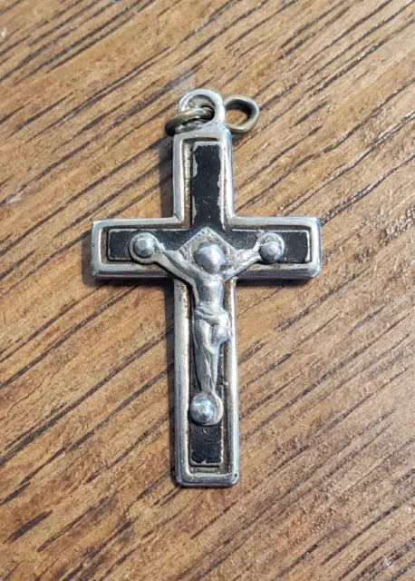 Vintage French Black And Silvertone Crucifix Pendant France