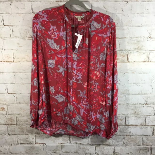 Lucky Brand Womens Large Red Floral Print Long Sleeve Boho Tunic Top Blouse