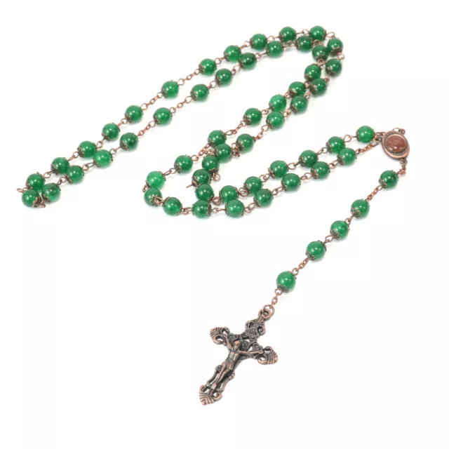 Green Jade Natural Stone Rosary Beads Necklace Holy Soil & Cross Crucifix 2