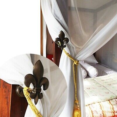 1 Pair 4.3" Inches Antique Solid Brass Curtain Tie Back Hooks Fleur de Lys Style