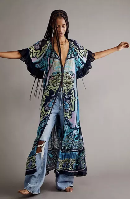 Free People Back Barcelona Kaftan Maxi Kimono Floral Ruffle Black Combo XS NEW