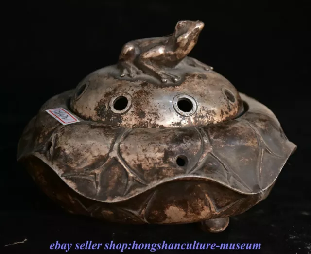 6"China Silver Dynasty Fengshui Frog Lotus leaf Hellow Out incense Burner Censer 3