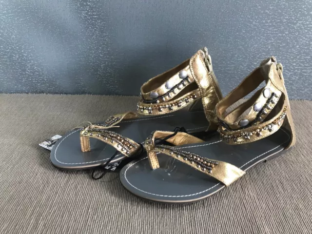 BNWT Older Girls Size 3 Smart Gold Rivers Doghouse Ankle Strap Bead Sandals