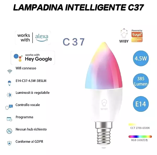 Ampoule LED Smart Intelligente Wifi Réglable 2700K-4000k-6500K RGB C37 Uni