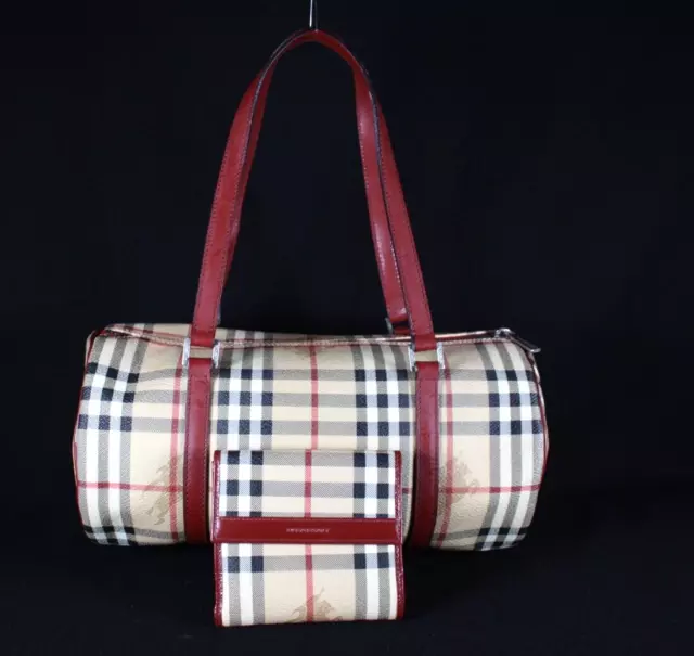 BURBERRY Haymarket Check Coated Canvas & Wallet Barrel Shoulder Bag Set