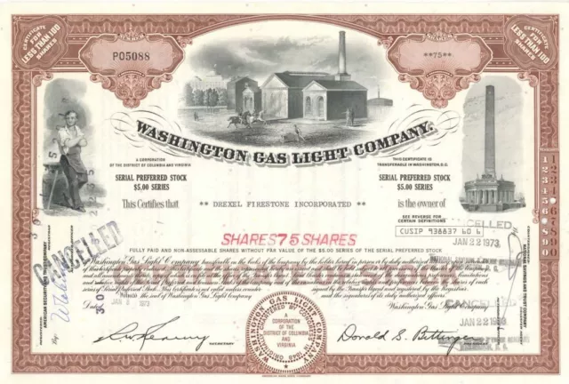 Washington Gas Light Co. - 1950's-70's dated Public Utility Stock Certificate -