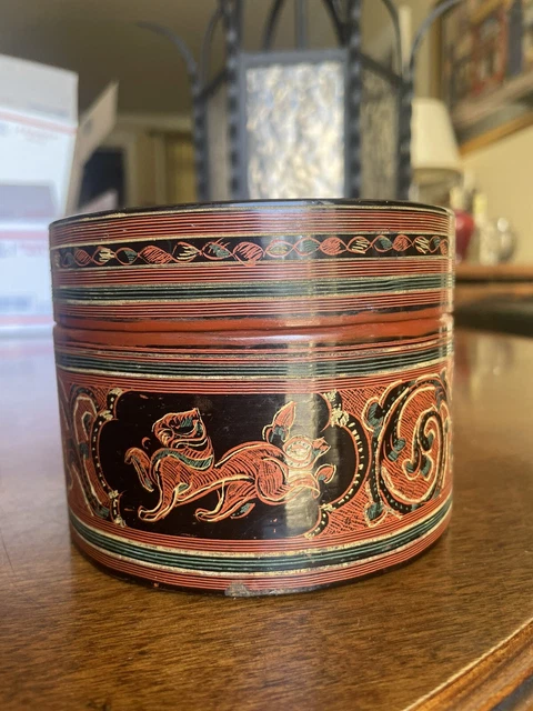 Vintage Betel Asian Burmese Myanmar Tea Nut Box Burma Lacquer Monk Bowl 4 3/4"D