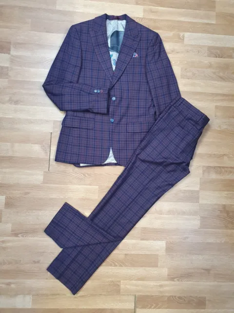 ANTIQUE ROGUE 2 Piece Suit Mens Jacket Size 38L Trouser W32 L33 Burgundy Check