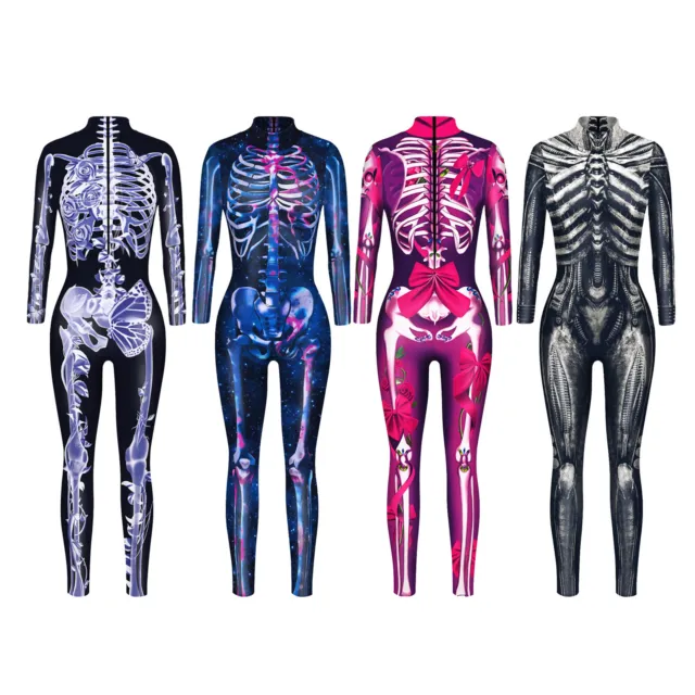 Women Scary Skeleton Bodysuit Halloween Skinny Jumpsuit Catsuit Cosplay Costume