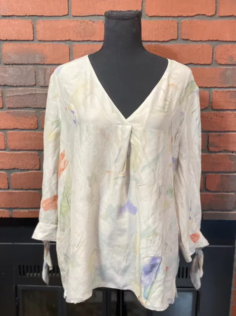 Lafayette 148 Cream Blue Green Abstract V Neck Women’s Sleeve Top Size XL