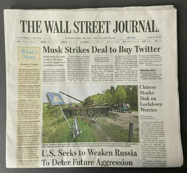 Elon Musk buys Twitter Tesla SpaceX The Wall Street Journal newspaper 4/26 2022