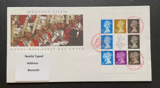 1990 London Life Booklet Pane FDC. With Tower Hill, London Handstamp.
