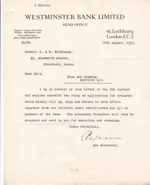 Westminster Bank Limited London 1935 Re Transfer of Shares+Fees Letter Ref 37238