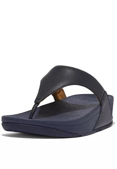 FitFlop LULU I88-A15 Women's Deepest Blue Leather Toe-Post Wedge Slide Sandals