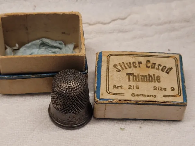 Antique Dorcas Sterling Silver Coated Steel Thimble & Box Embossed Katie