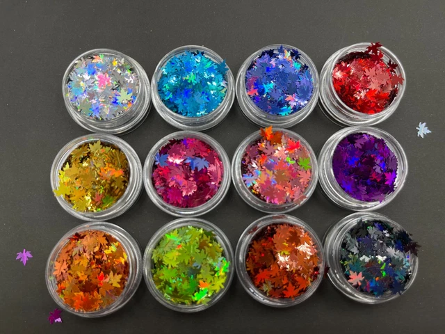 12x Olla de 3 ml Hoja de Arce Arte en Uñas Brillo Colores Escamas Hojas Otoño
