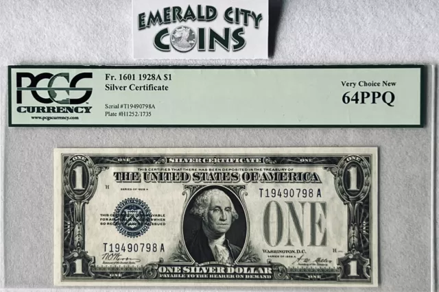 🔥1928A Frn $1 Silver Certificate Pcgs Certified 64Ppq Very Choice New Blue Seal