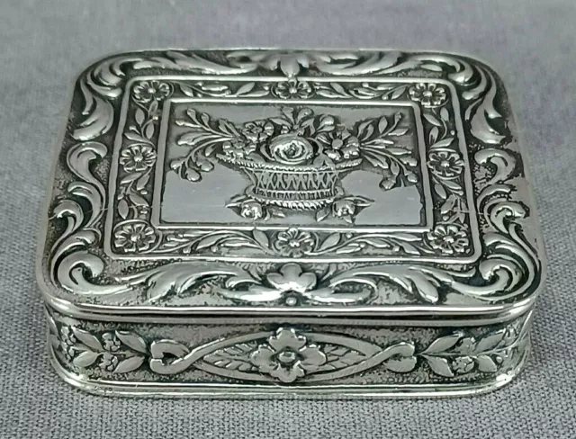 Victorian Mourning German 800 Silver Repousse Floral Basket & Scrollwork Box