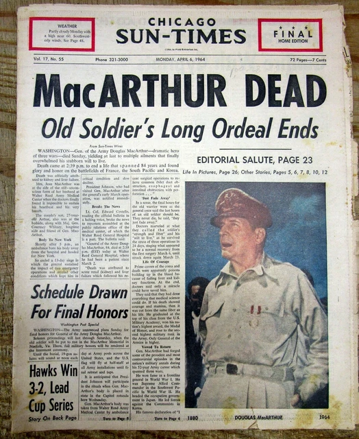 1964 headline newspaper US General DOUGLAS MACARTHUR DEAD WW II Korean War leadr