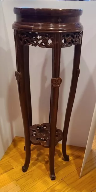 Beautiful Solid Wood Plant Stand - Marble Top Inlay - GORGEOUS CARVED ACCENTS