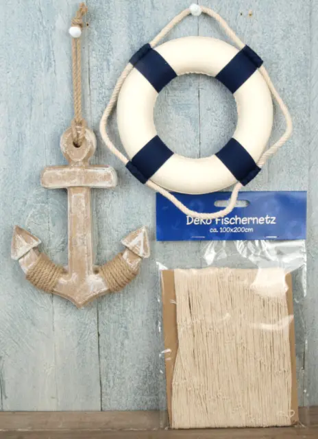 Deko Anker 17 x 13cm, 1x2m Fischernetz, 15cm Rettungsring b/w maritime Deko