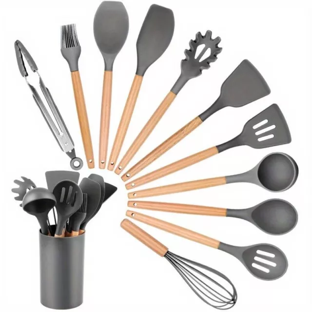 KIT SET  12 Utensili  Da Cucina In Silicone Manico Di Legno Antiaderente Mestolo