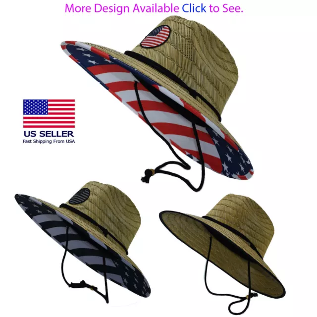 Men's Straw Sun Lifeguard Beach Hat Raffia Wide Brim, One Size