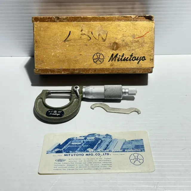 Mitutoyo Micrometer 0-1” .001” M-110 Vintage Hand Tool In Original Box With Card