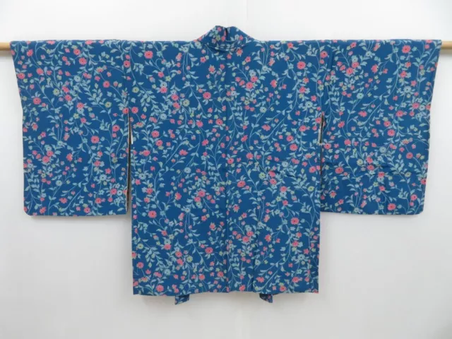 3201T07z570 Vintage Japanese Kimono Silk HAORI Flower Blue