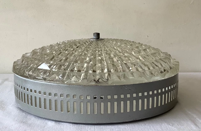 Ancien PLAFONNIER ou APPLIQUE Vintage en VERRE MOULÉ & METAL ARGENTÉ 9
