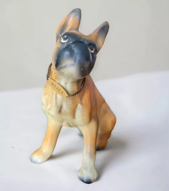 Vtg Boxer Dog Figurine Bone China Sitting 1950s Brown Black Fawn Chain Collar