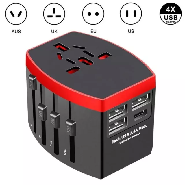 World Wide Universal Travel Adapter UK EU US AU Multi Plug Charger w/ USB Type C