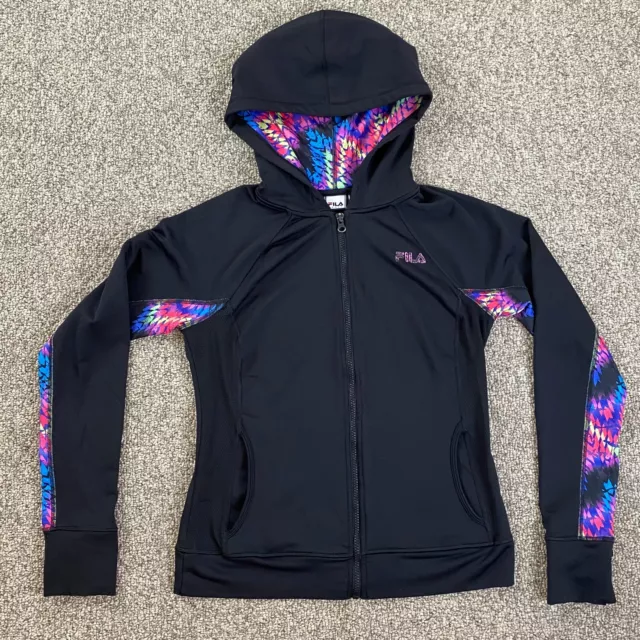 Fila Sport Jacket Womens Medium Black Colorful Hooded Full Zip Pockets Logo