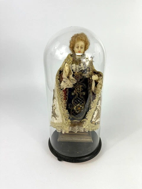 Antikes Fatschenkind Wachs Christkind 40cm Prager Jesulein Glassturz Glocke Dom