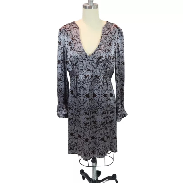 NANETTE LEPORE Size 8 Brown Grey 100 Silk Satin Damask Long Bell Sleeve Dress