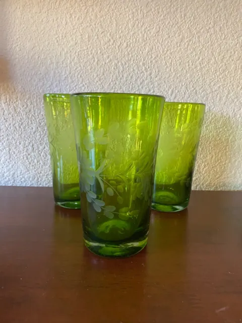 3 Rose Ann Hall Designs, Artisanal, Hand-Etched Iced Tea Glasses, Verde
