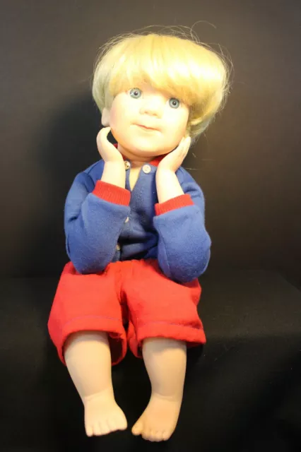 MBI  -  Adorable Boy 12" Sitting Porcelain Doll - Blonde / Blue Eyes  - Red/Blue