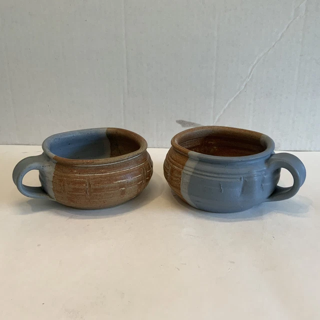 Large 5” Handmade Brown/Blue  Studio Art Pottery Handled Soup Bowl Mug VG+