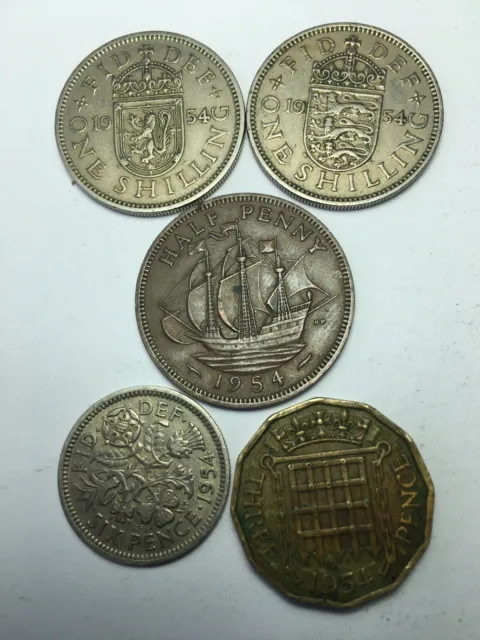 queen elizabeth 1954 Year Coin Set 1/-, 1/-, 6d, 3d, 1/2d 5 circulated coins buy