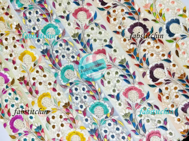 9 Yards Multicolor Floral Embroidery Sari Lehenga Border Lace Trimming Ribbons