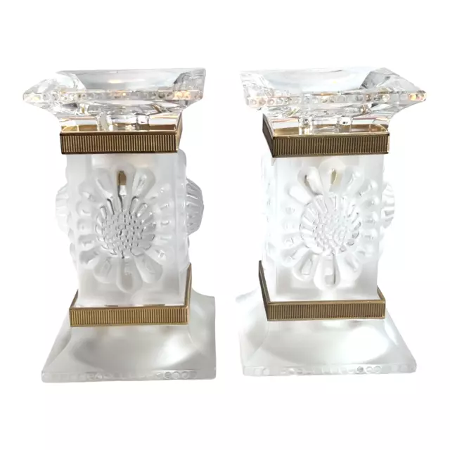 Lalique Parquette Sunflower Frosted Crystal French Candlestick Holder Gold AS IS