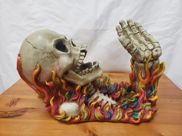 Resin Skull Bottle Holder Skeletal Hand & Rib Cage Multi Colored Flames Unique